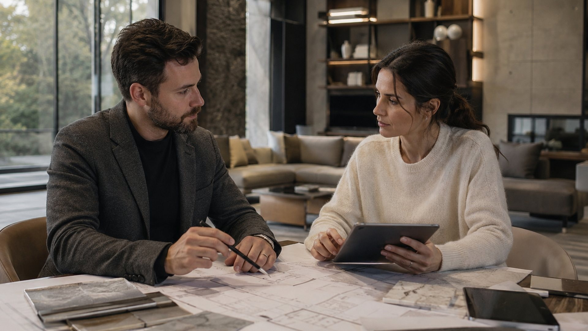 Engineers and designers coordinating plans and materials